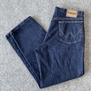 Wrangler Jeans Mens 36 X 30 Rugged Wear Relaxed Fit Dark NO Belt Loops Cowboy P8